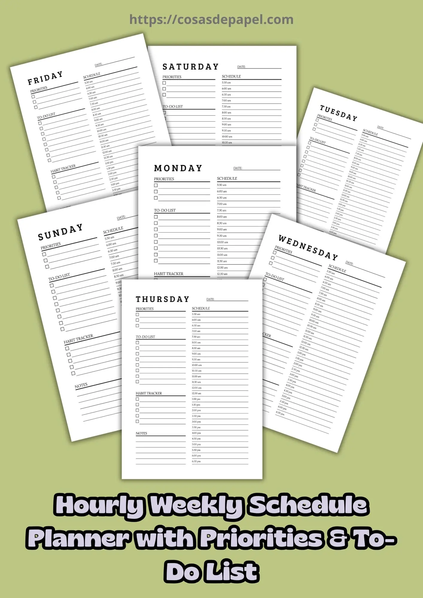 Hourly Weekly Schedule Planner with Priorities & To-Do List