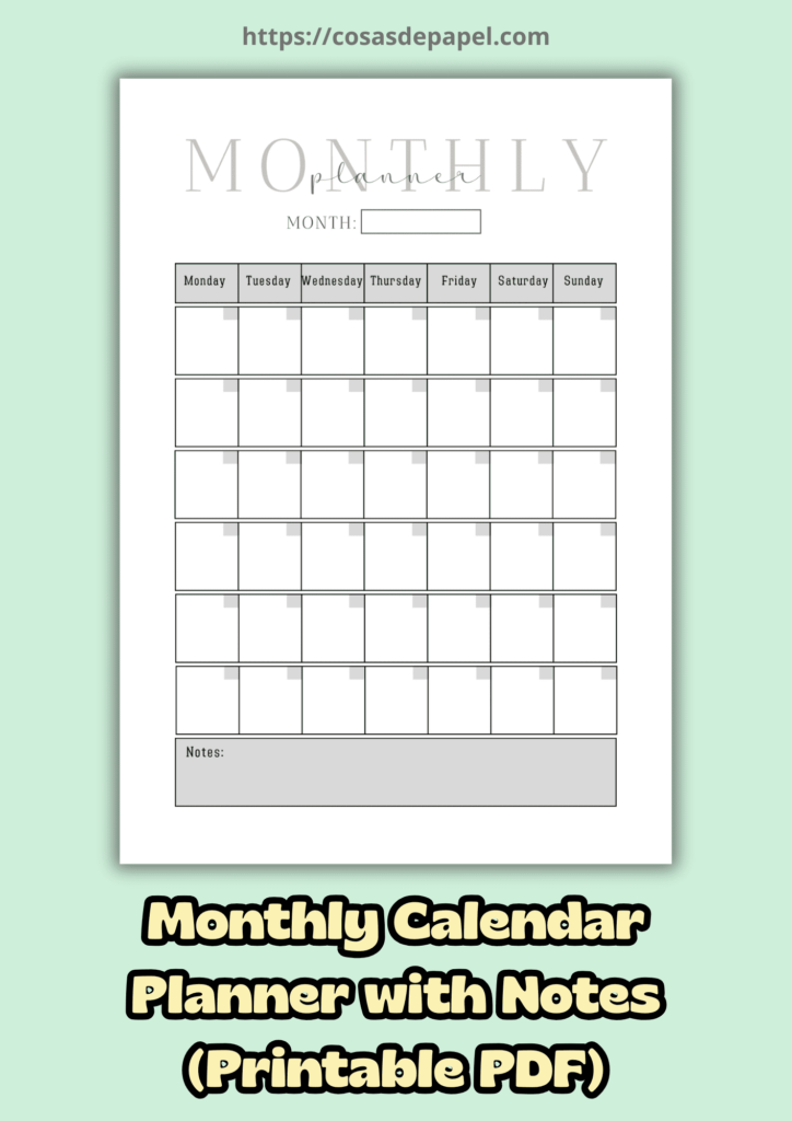 Monthly Calendar Planner with Notes (Printable PDF)