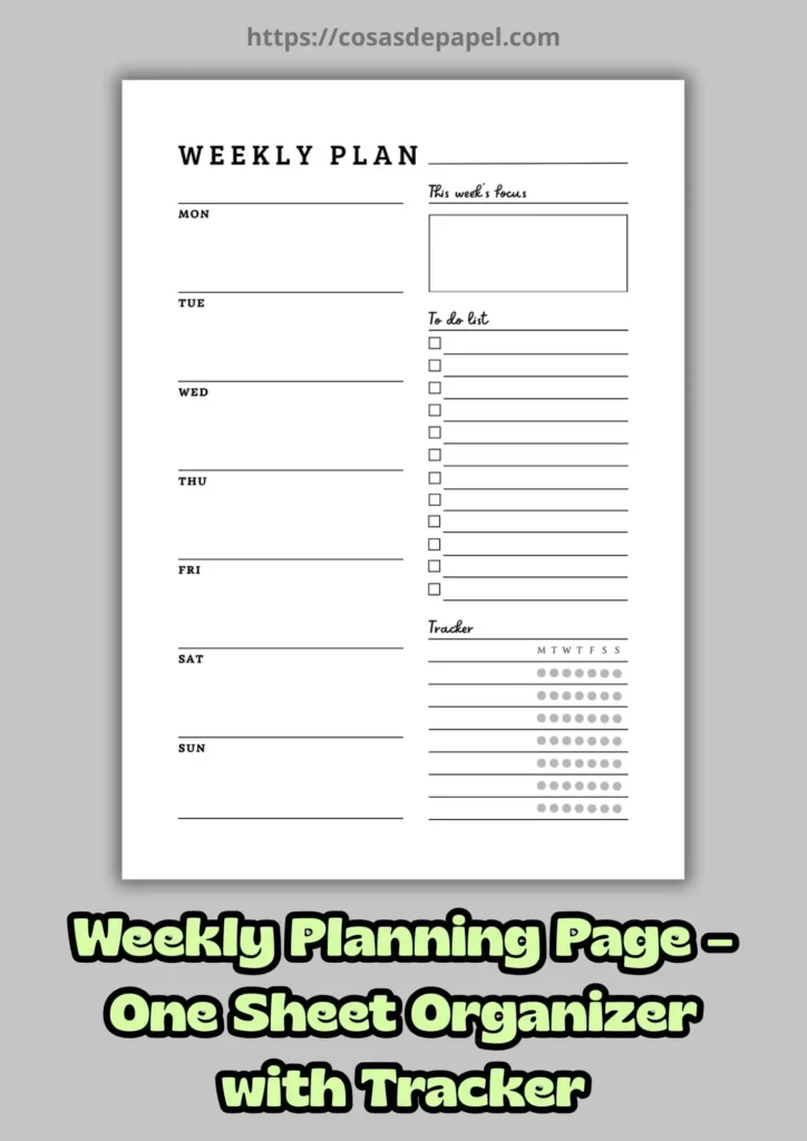 Weekly Planning Page – One Sheet Organizer with Tracker