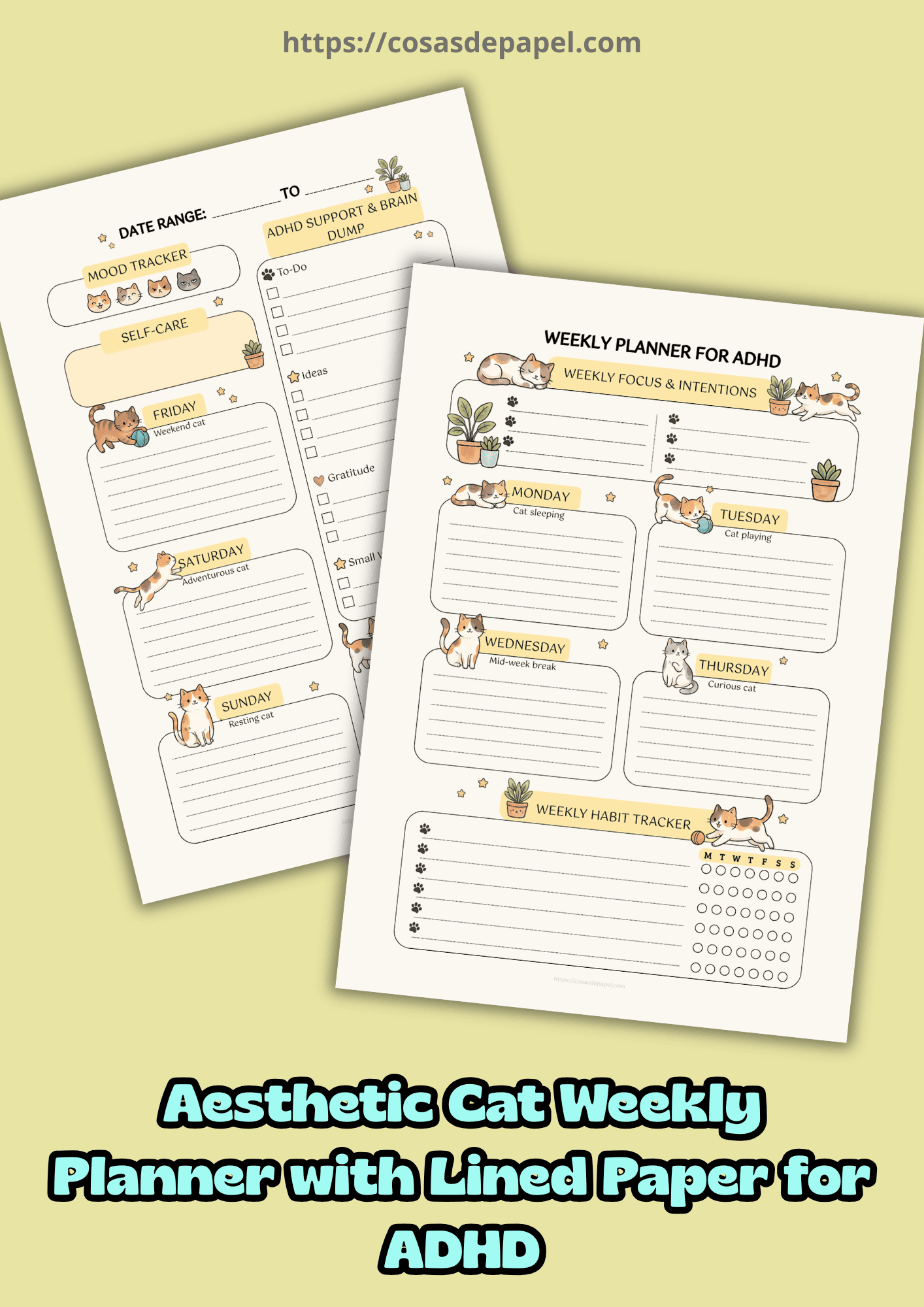ADHD Weekly Planner with Lined Paper – Aesthetic Cat Printable PDF