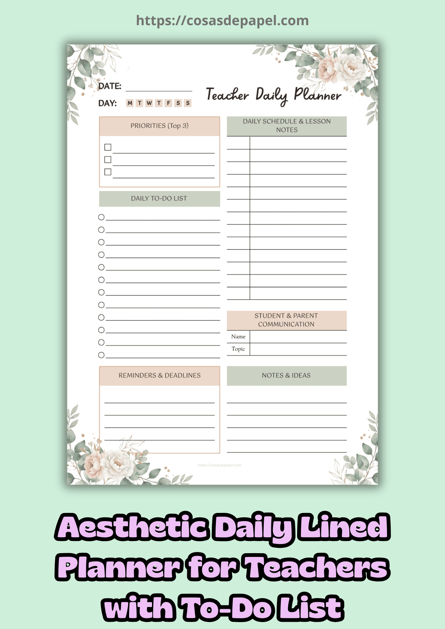 Teacher Daily Planner with To-Do List – Aesthetic Lined