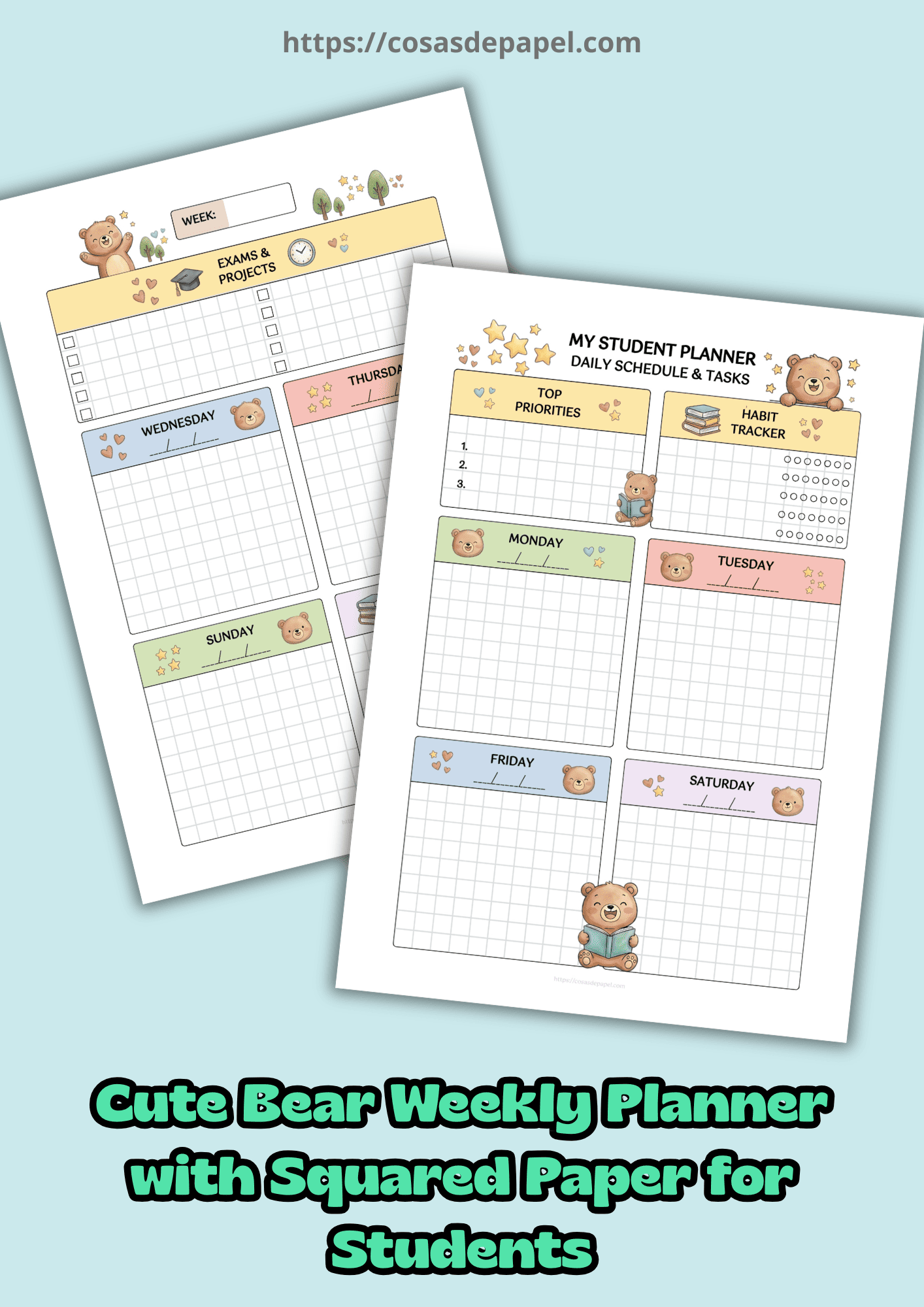 Cute Bear Weekly Planner with Squared Paper for Students