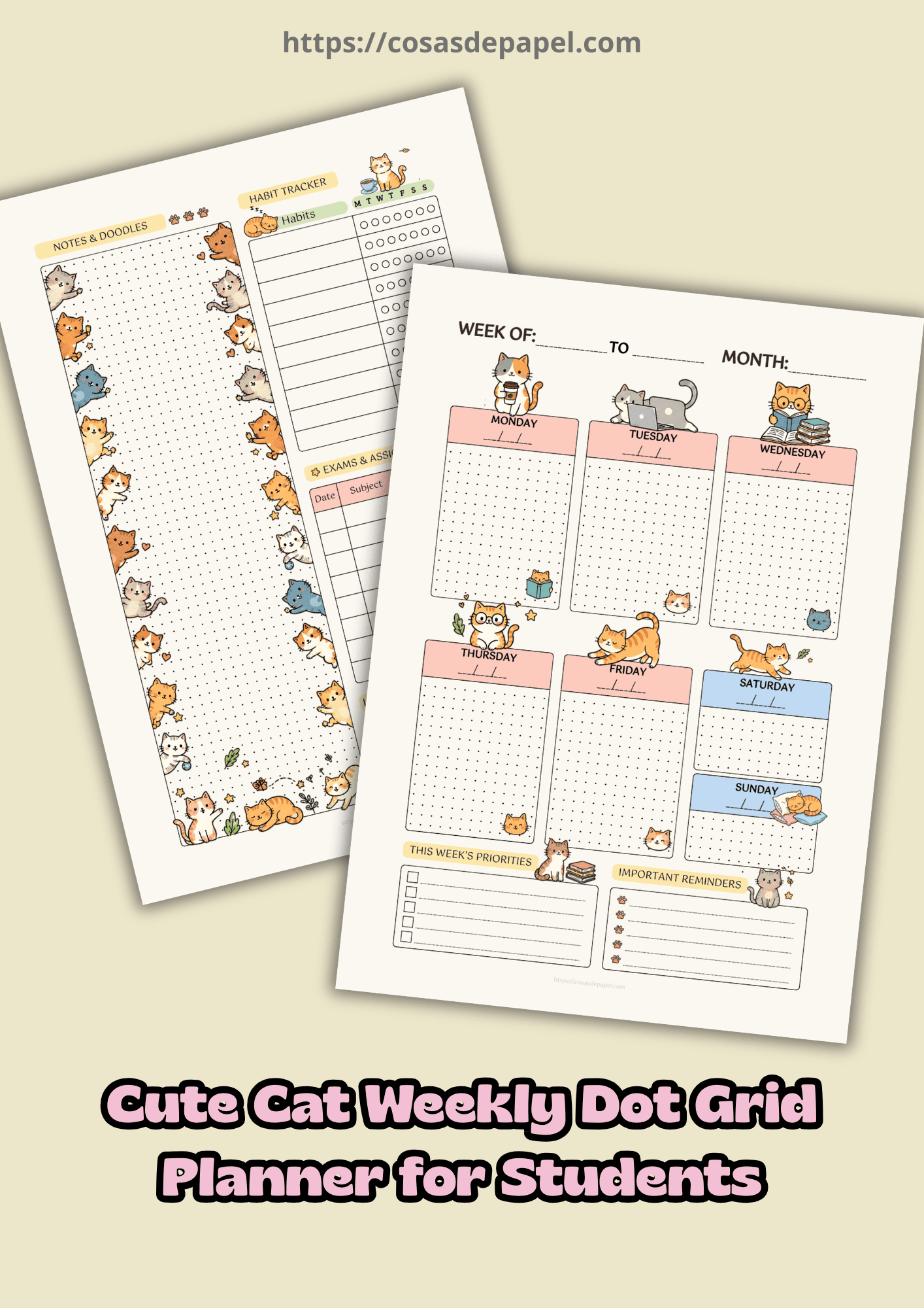 Cute Cat Weekly Planner Dot Grid for Students