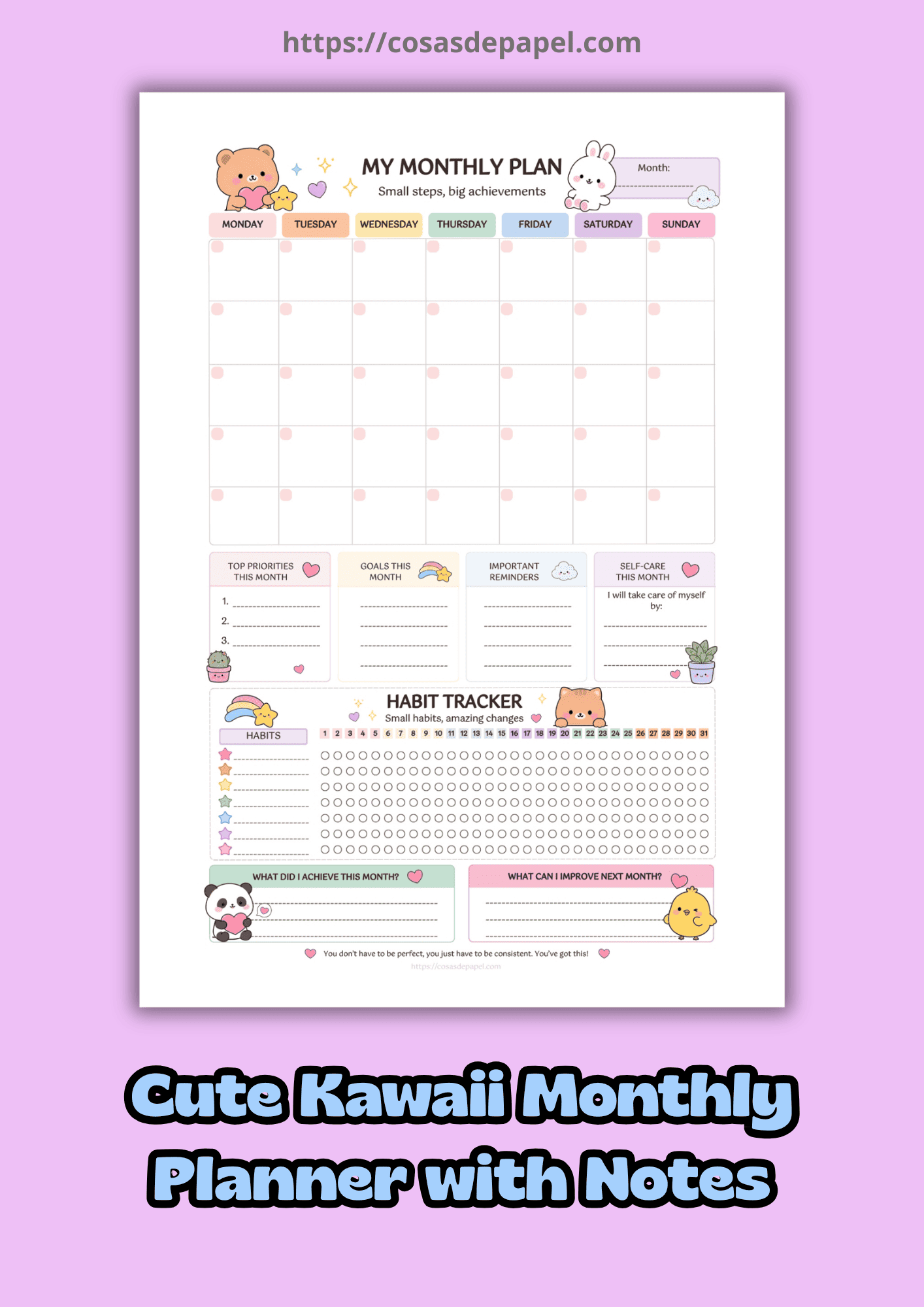Cute Kawaii Monthly Planner with Notes