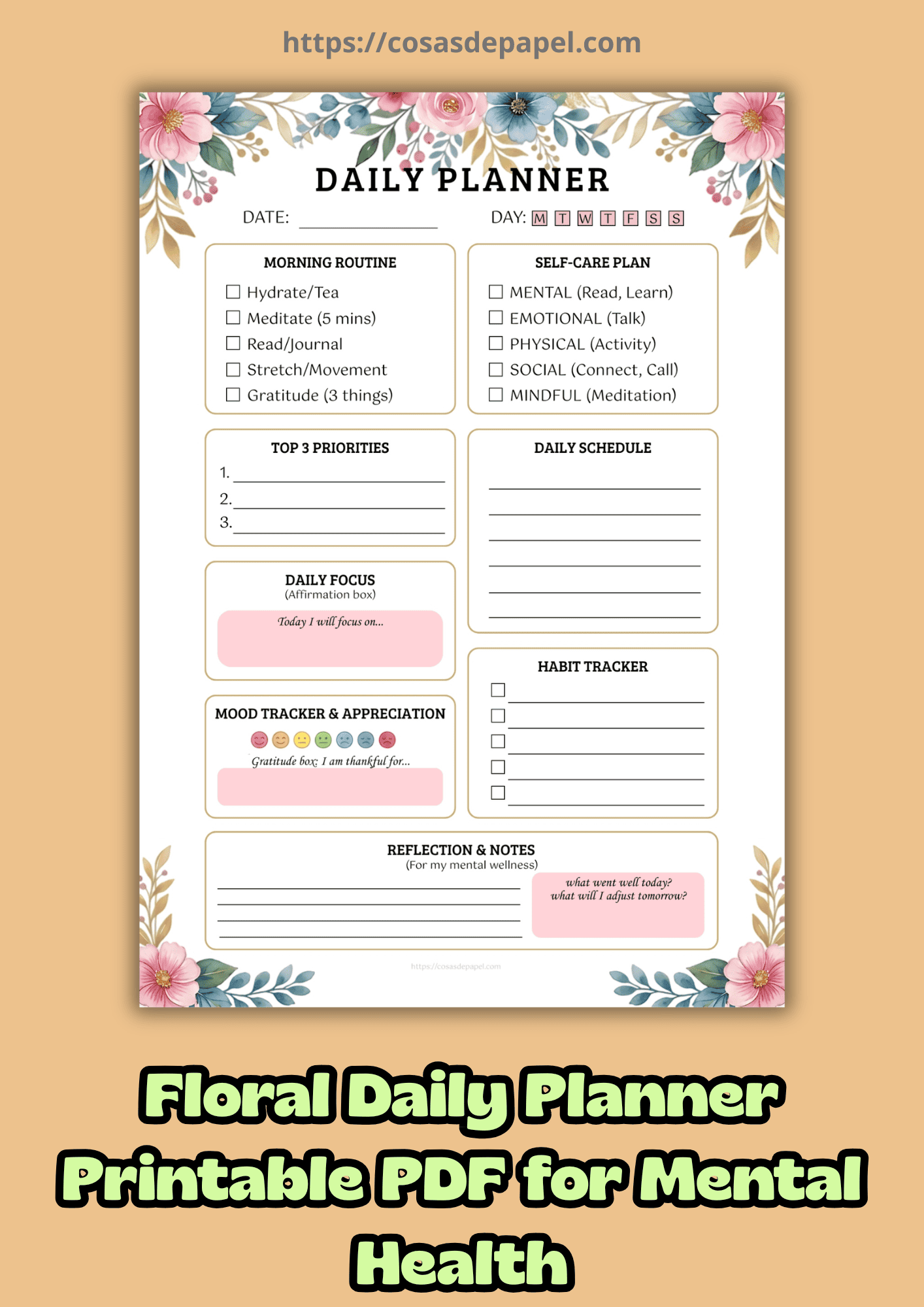 Floral Daily Planner Printable PDF for Mental Health