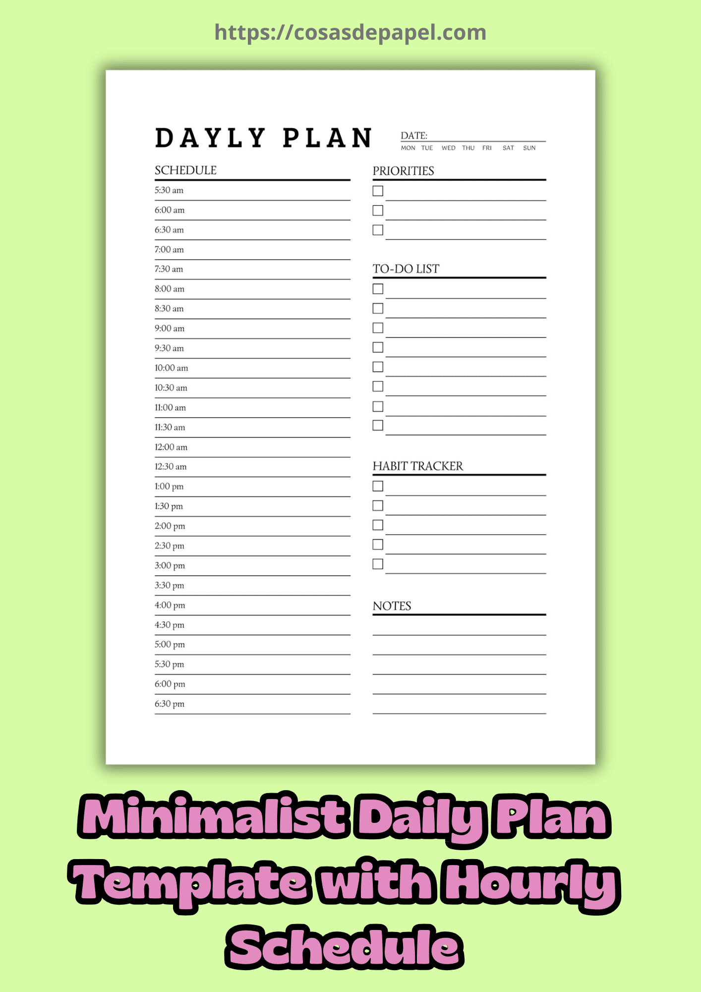 Minimalist daily planner printable PDF with hourly schedule