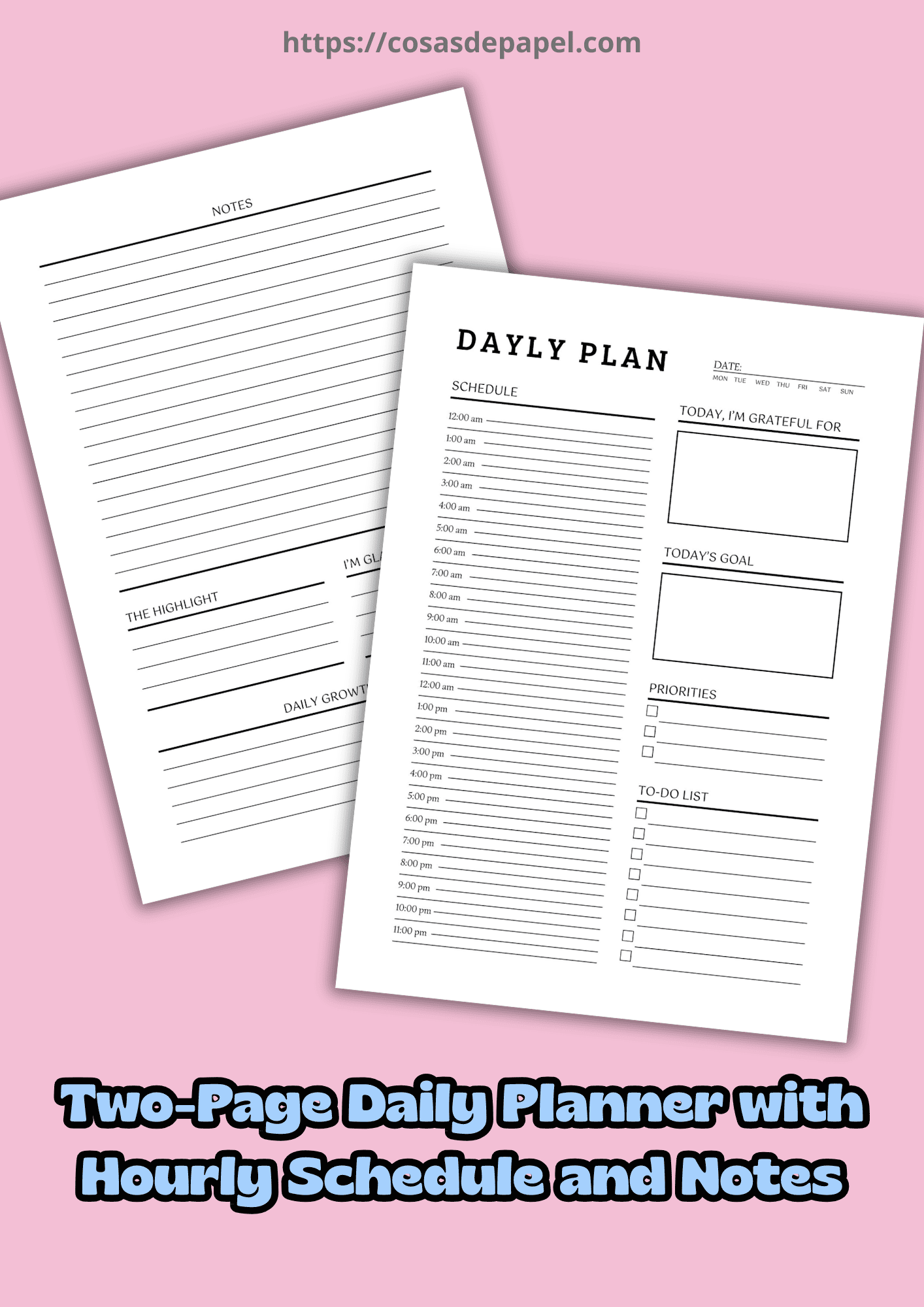 Two-page daily planner printable PDF with hourly schedule