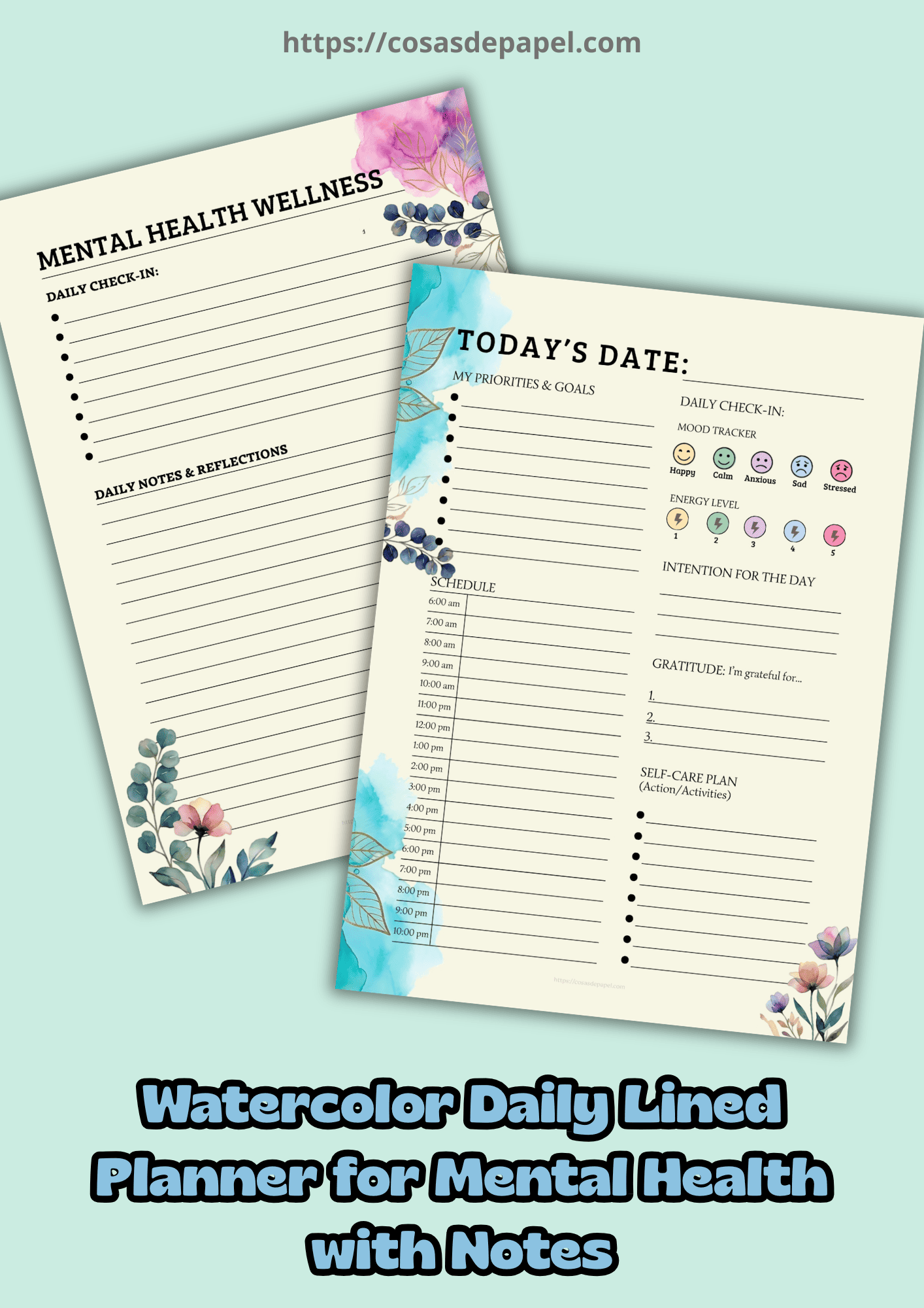 Watercolor Daily Lined Planner for Mental Health with Notes