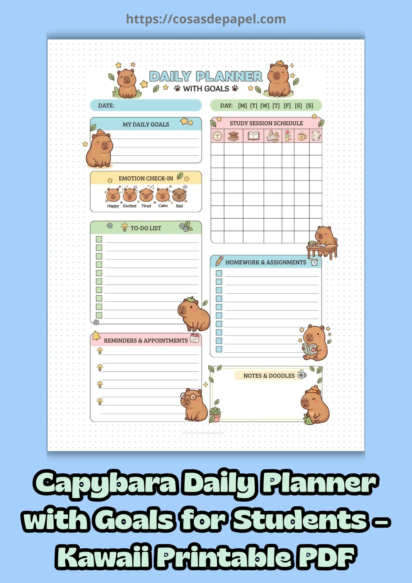 Capybara Daily Planner with Goals for Students – Kawaii Printable PDF