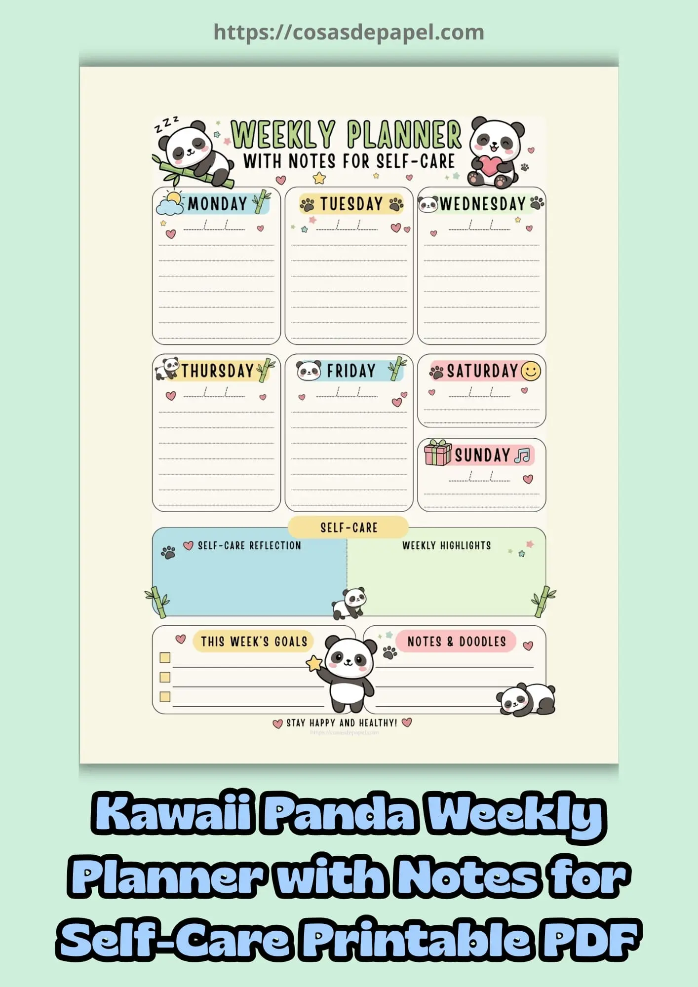 Kawaii Panda Weekly Planner with Notes for Self-Care Printable PDF